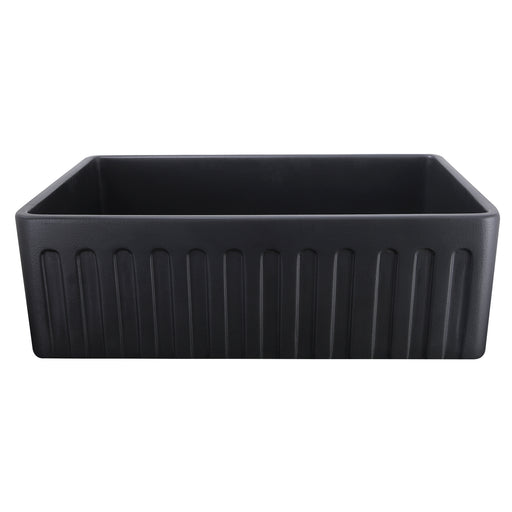 Nantucket Sinks FCFS3320S-MatteBlack Matte Black farmhouse sink reversed to the fluted apron side