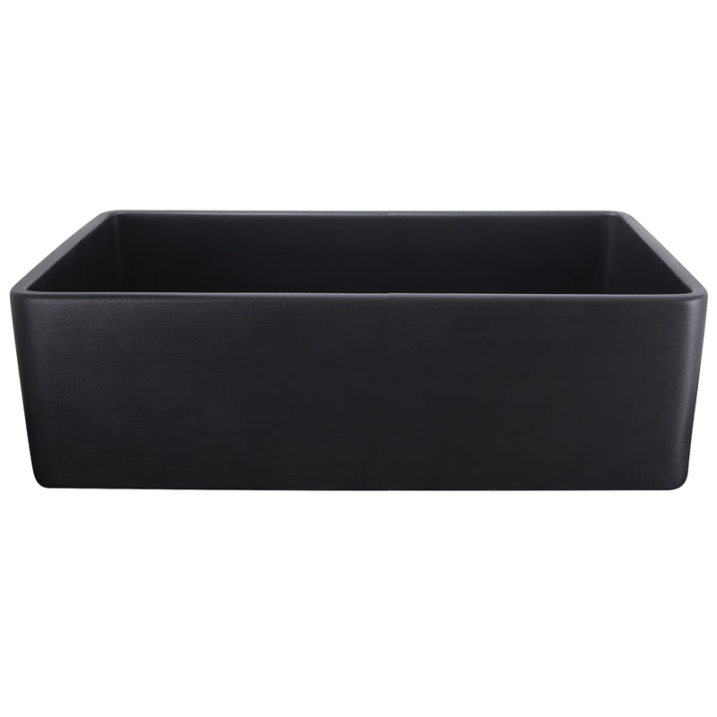 Nantucket Sinks FCFS3320S-MatteBlack Matte Black fireclay farmhouse sink, front view of the plain flat apron