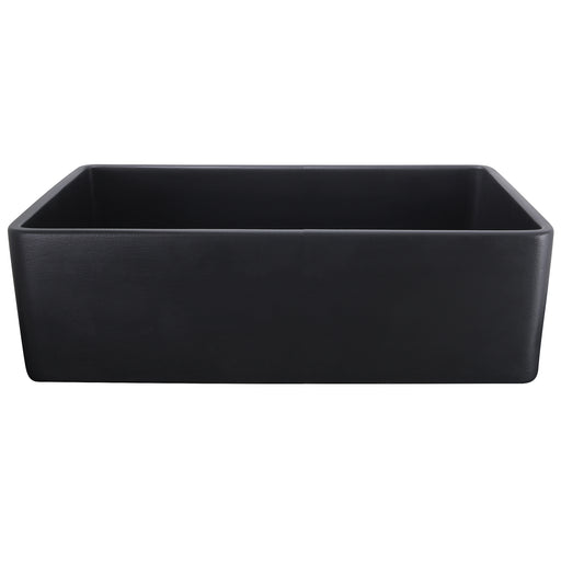 Nantucket Sinks FCFS3320S-MatteBlack Matte Black fireclay farmhouse sink, front view of the plain flat apron