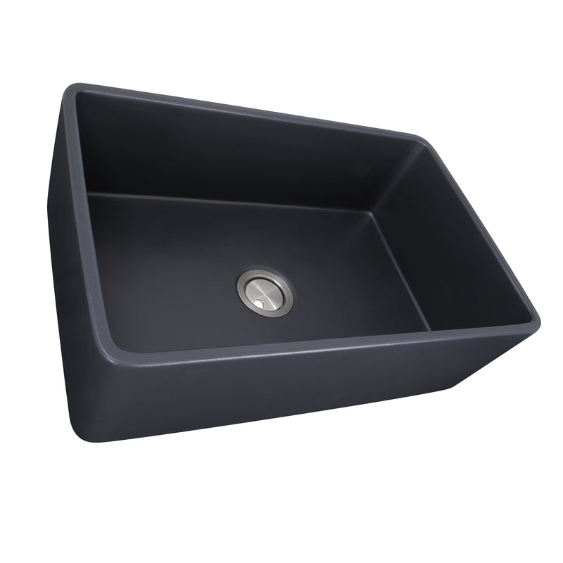 Nantucket Sinks FCFS3320S-MatteBlack Matte Black farmhouse sink three-quarter view from above into the bowl