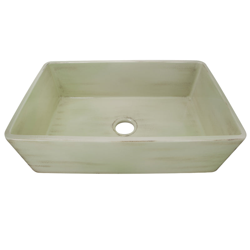 Nantucket Sinks FCFS3320S-ShabbyGreen Shabby Green farmhouse sink elevated front view with the drain hole open
