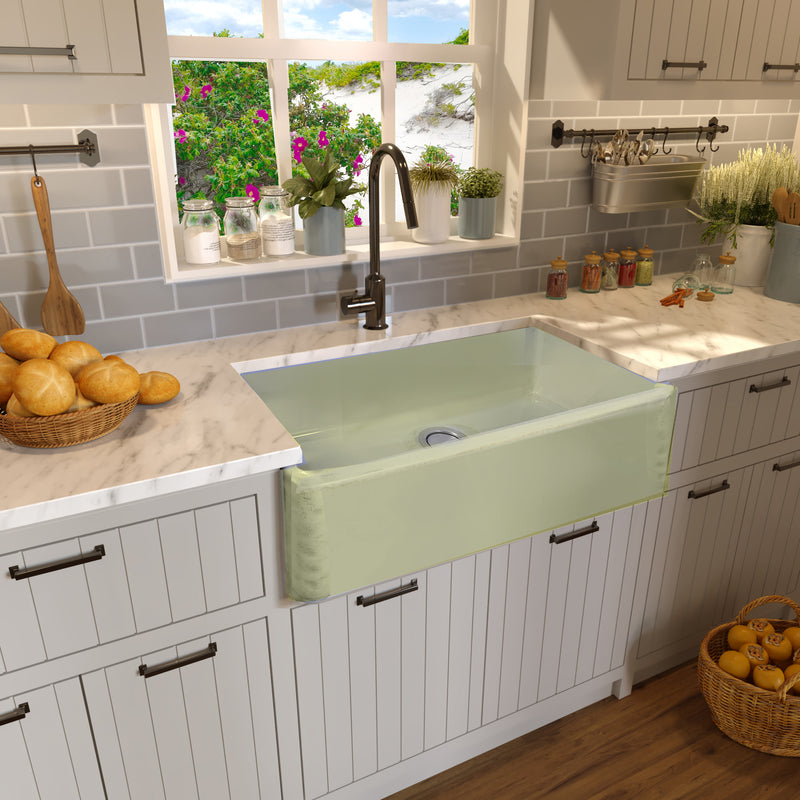 Nantucket Sinks FCFS3320S-ShabbyGreen Shabby Green farmhouse sink in beadboard cabinets with a marble counter