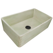 Nantucket Sinks FCFS3320S-ShabbyGreen distressed Shabby Green fireclay farmhouse sink, three-quarter view of the flat apron