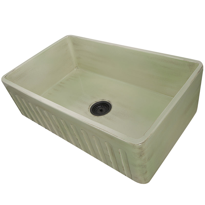 Nantucket Sinks FCFS3320S-ShabbyGreen Shabby Green farmhouse sink reversed to the fluted apron side