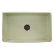 Nantucket Sinks FCFS3320S-ShabbyGreen Shabby Green farmhouse sink from above into the bowl and dark drain