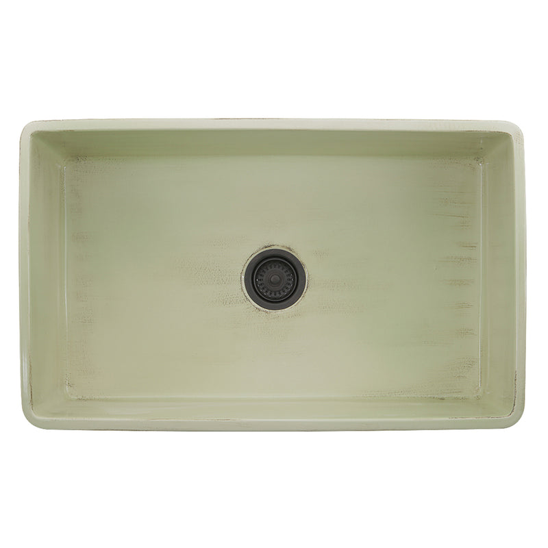 Nantucket Sinks FCFS3320S-ShabbyGreen Shabby Green farmhouse sink from above into the bowl and dark drain