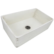 Nantucket Sinks FCFS3320S-ShabbyStraw distressed Shabby Straw fireclay farmhouse sink, three-quarter view of the flat apron