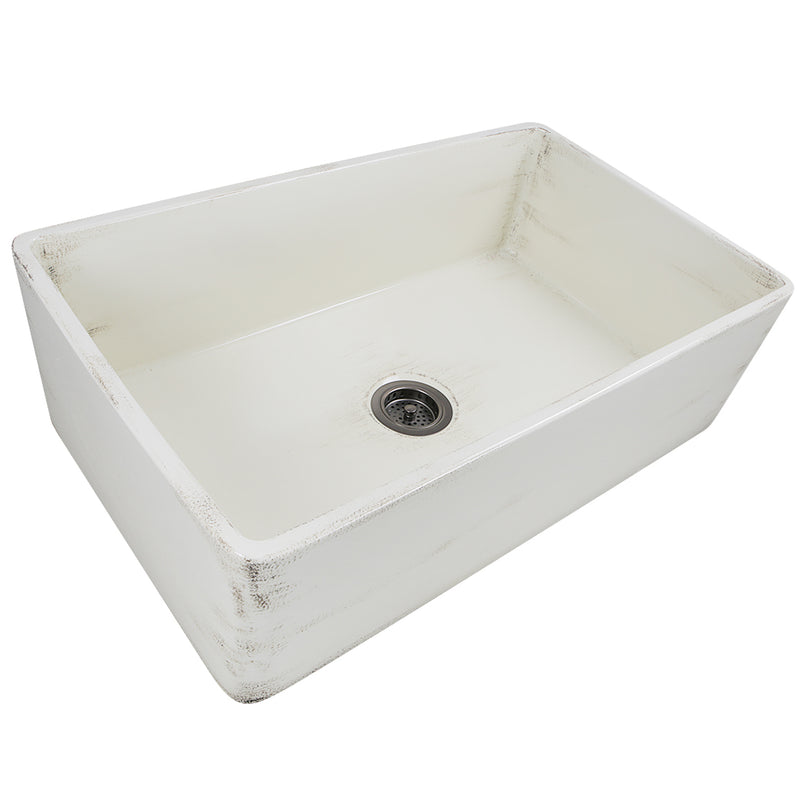 Nantucket Sinks FCFS3320S-ShabbyStraw distressed Shabby Straw fireclay farmhouse sink, three-quarter view of the flat apron