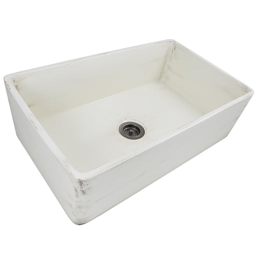 Nantucket Sinks FCFS3320S-ShabbyStraw distressed Shabby Straw fireclay farmhouse sink, three-quarter view of the flat apron