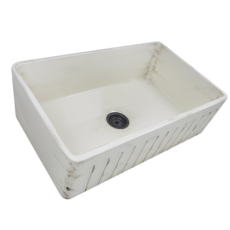 Nantucket Sinks FCFS3320S-ShabbyStraw Shabby Straw farmhouse sink reversed to the fluted apron side