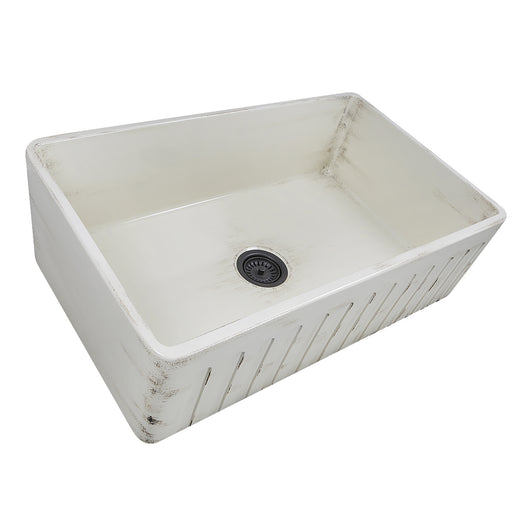 Nantucket Sinks FCFS3320S-ShabbyStraw Shabby Straw farmhouse sink reversed to the fluted apron side