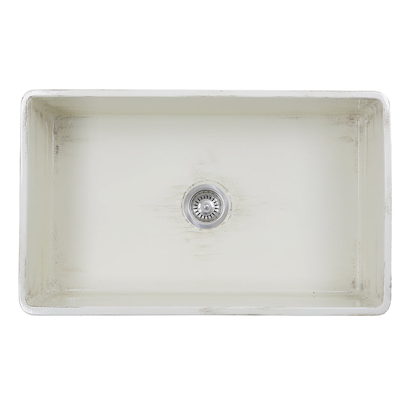 Nantucket Sinks FCFS3320S-ShabbyStraw Shabby Straw farmhouse sink from above into the bowl and basket drain