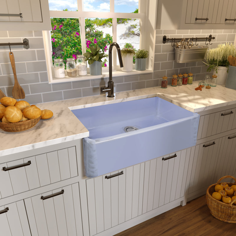 Nantucket Sinks FCFS3320S-ShabbySugar Shabby Sugar farmhouse sink in beadboard cabinets with a marble counter