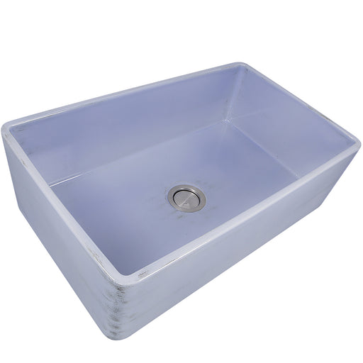 Nantucket Sinks FCFS3320S-ShabbySugar distressed Shabby Sugar light blue fireclay farmhouse sink, three-quarter view