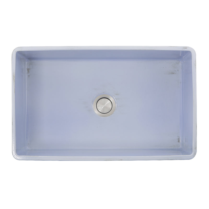 Nantucket Sinks FCFS3320S-ShabbySugar Shabby Sugar farmhouse sink from above into the blue bowl and drain