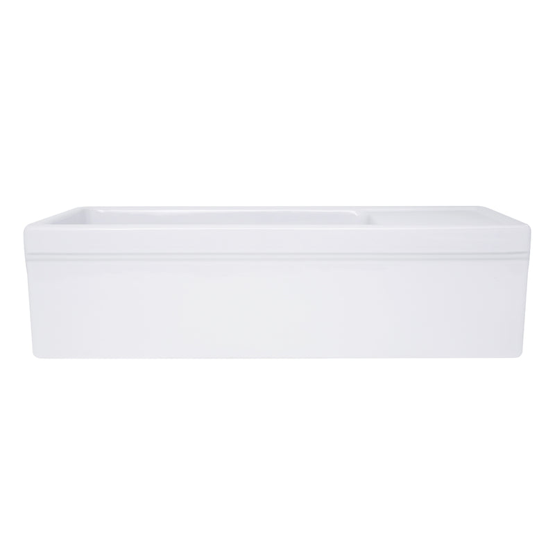 Nantucket Sinks FCFS36-DB drainboard farmhouse sink straight front view showing the apron lip