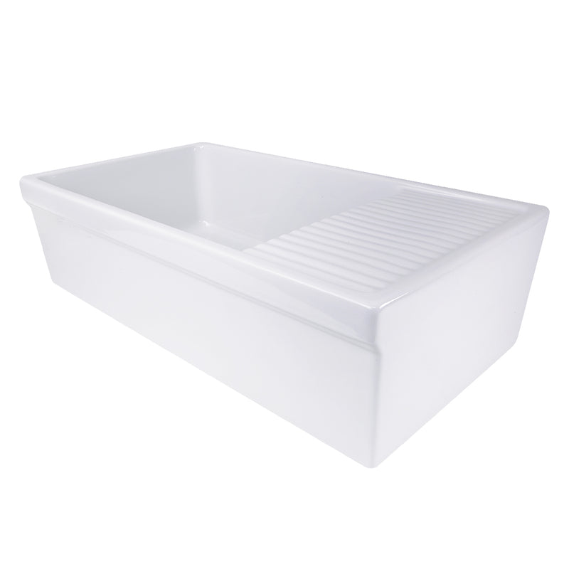 Nantucket Sinks FCFS36-DB white fireclay farmhouse sink with built-in ribbed drainboard, three-quarter view