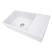 Nantucket Sinks FCFS36-DB drainboard farmhouse sink from above at an angle, bowl and ribbed drainboard