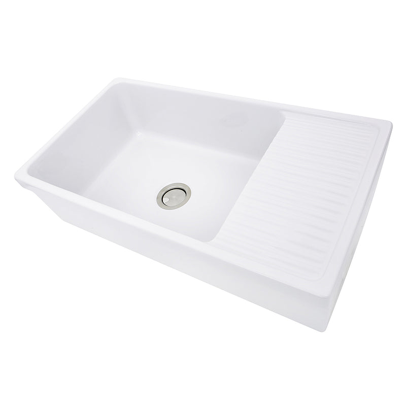 Nantucket Sinks FCFS36-DB drainboard farmhouse sink from above at an angle, bowl and ribbed drainboard