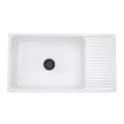 Nantucket Sinks FCFS36-DB drainboard farmhouse sink from above, bowl with dark drain and drainboard at right