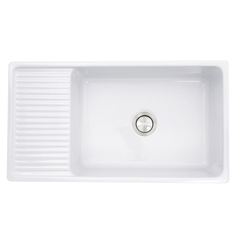 Nantucket Sinks FCFS36-DB drainboard farmhouse sink from above with the drainboard on the left