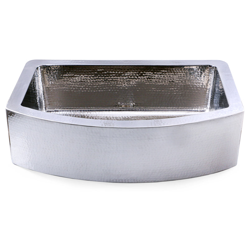 Nantucket Sinks FSSH3322 low view of the curved hand-hammered apron front