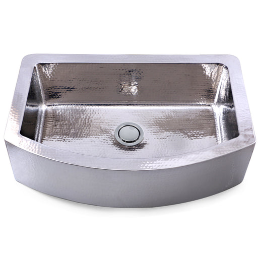 Nantucket Sinks FSSH3322 33" hand-hammered polished farmhouse sink, three-quarter view, white background