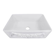 Nantucket Sinks Garland-30W Garland farmhouse sink elevated front view into the bowl, drain hole open