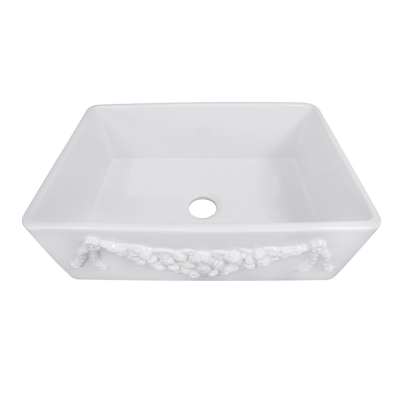 Nantucket Sinks Garland-30W Garland farmhouse sink elevated front view into the bowl, drain hole open
