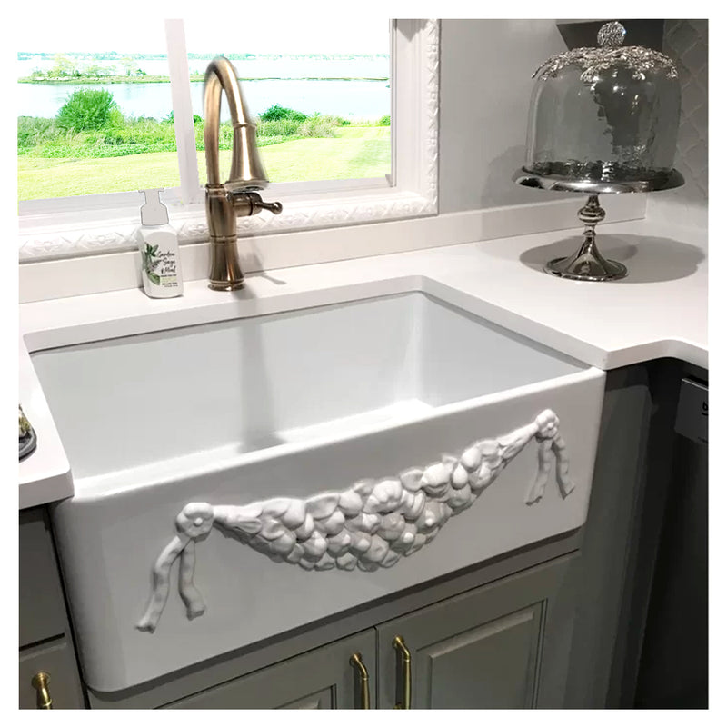 Nantucket Sinks Garland-30W Garland farmhouse sink in grey cabinets under a window with a bronze faucet