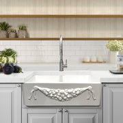 Nantucket Sinks Garland-30W Garland farmhouse sink in white cabinets below open wood shelves