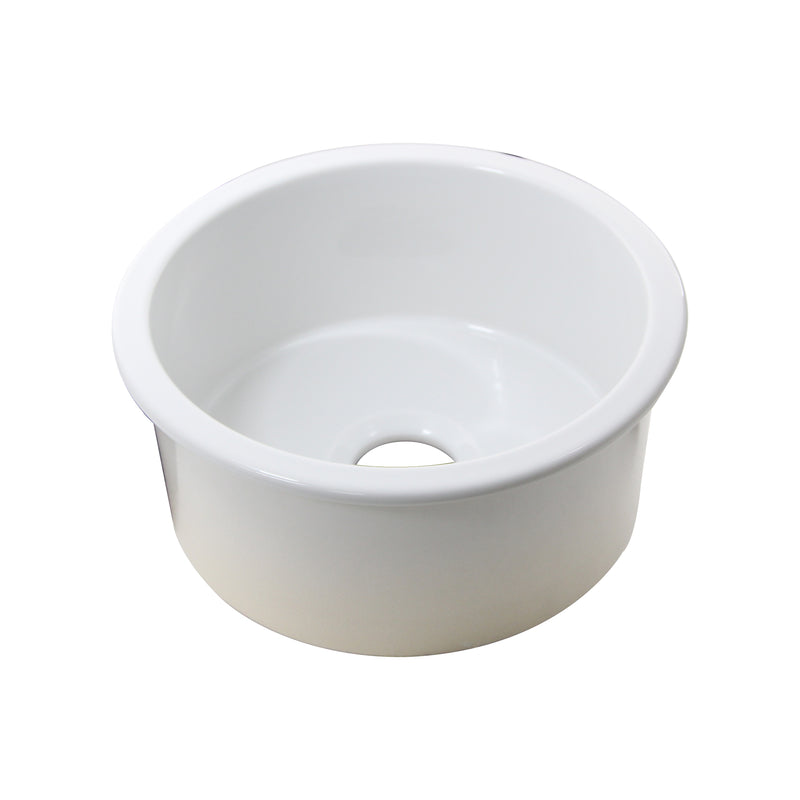 Nantucket Sinks Hyannis-18 white round fireclay bar sink, three-quarter view into the bowl