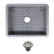 Nantucket Sinks ISFC24GR-SB1 Matte Grey sink with the included bottom grid in the bowl and basket strainer drain