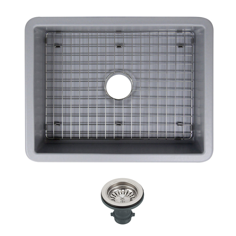 Nantucket Sinks ISFC24GR-SB1 Matte Grey sink with the included bottom grid in the bowl and basket strainer drain