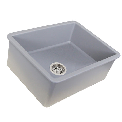 Nantucket Sinks ISFC24GR-SB1 Matte Grey fireclay single bowl kitchen sink, three-quarter view with drain