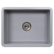 Nantucket Sinks ISFC24GR-SB1 Matte Grey single bowl sink from above with the basket strainer fitted