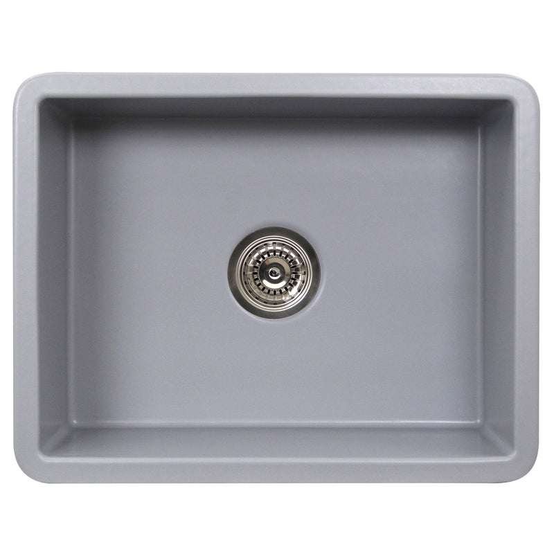 Nantucket Sinks ISFC24GR-SB1 Matte Grey single bowl sink from above with the basket strainer fitted