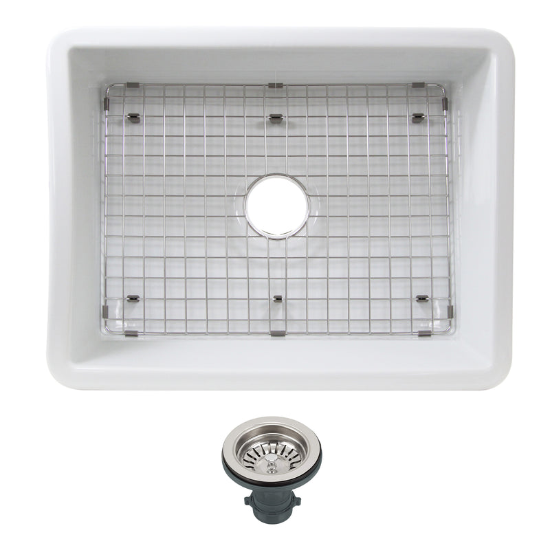 Nantucket Sinks ISFC24W-SB1 white single bowl sink with the included bottom grid and basket strainer drain