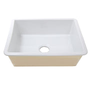 Nantucket Sinks ISFC24W-SB1 white single bowl sink elevated front view showing the unglazed lower body