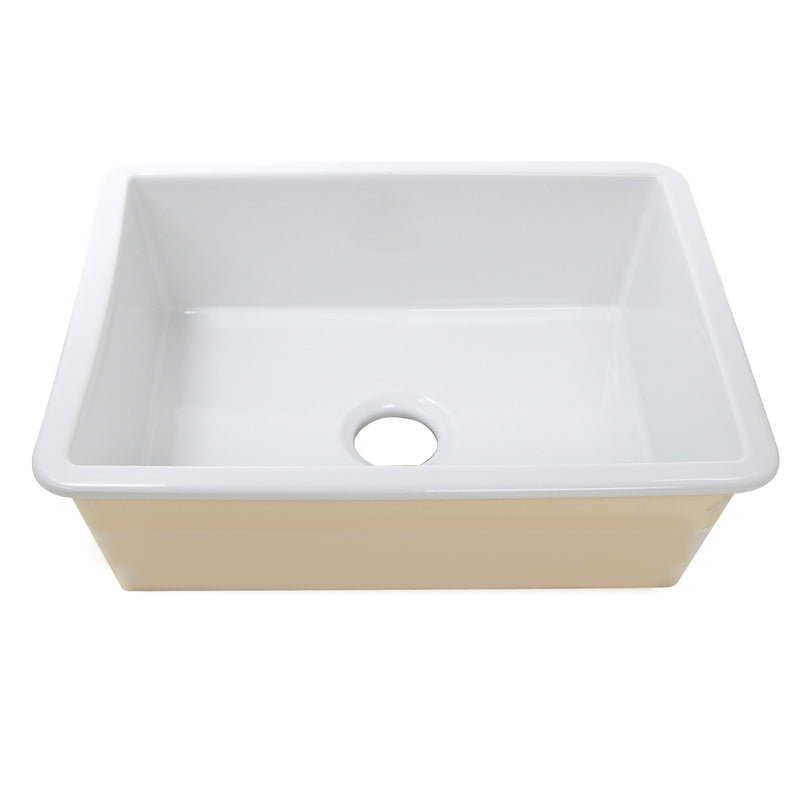 Nantucket Sinks ISFC24W-SB1 white single bowl sink elevated front view showing the unglazed lower body