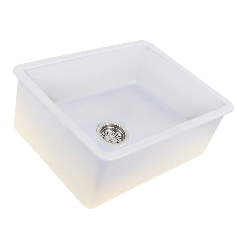 Nantucket Sinks ISFC24W-SB1 white fireclay single bowl kitchen sink, three-quarter view with basket drain