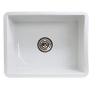 Nantucket Sinks ISFC24W-SB1 white single bowl sink from above with the basket strainer fitted