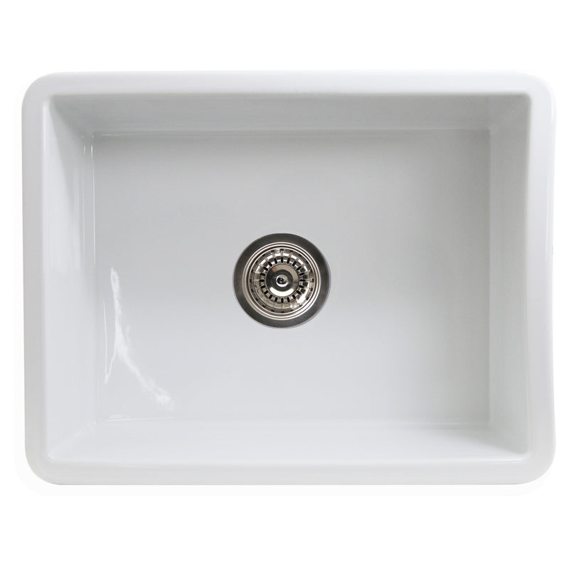 Nantucket Sinks ISFC24W-SB1 white single bowl sink from above with the basket strainer fitted