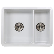 Nantucket Sinks ISFC24x18W-DB2 67/33 double bowl sink from above with basket strainers in both bowls