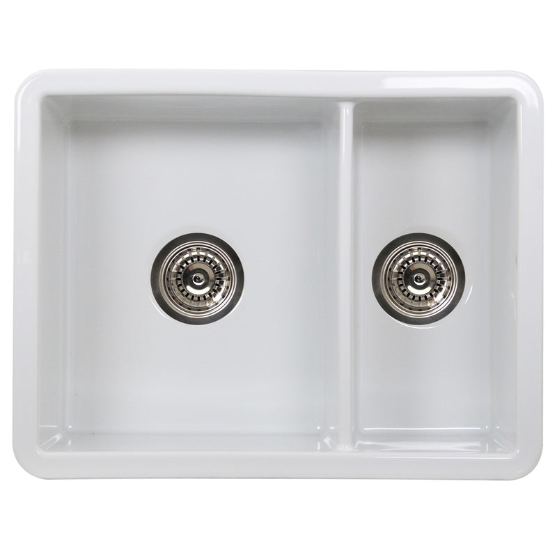 Nantucket Sinks ISFC24x18W-DB2 67/33 double bowl sink from above with basket strainers in both bowls