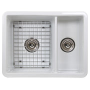 Nantucket Sinks ISFC24x18W-DB2 67/33 double bowl sink from above with the bottom grid in the large bowl