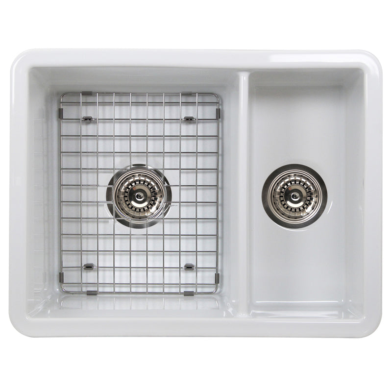 Nantucket Sinks ISFC24x18W-DB2 67/33 double bowl sink from above with the bottom grid in the large bowl