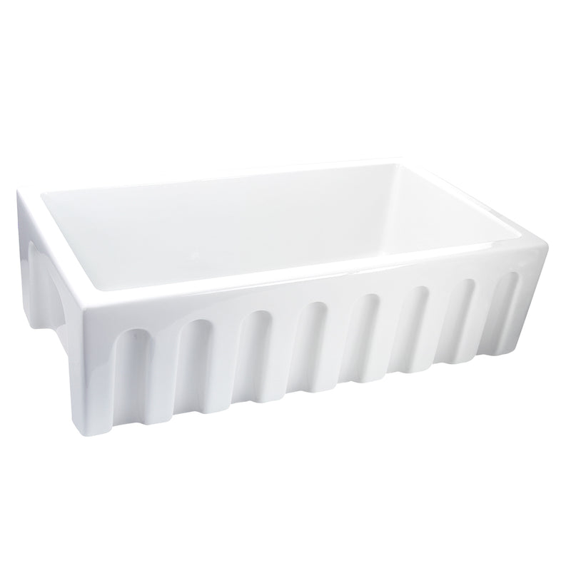 Nantucket Sinks ISFCW33x18SO farmhouse sink three-quarter view of the fluted apron face