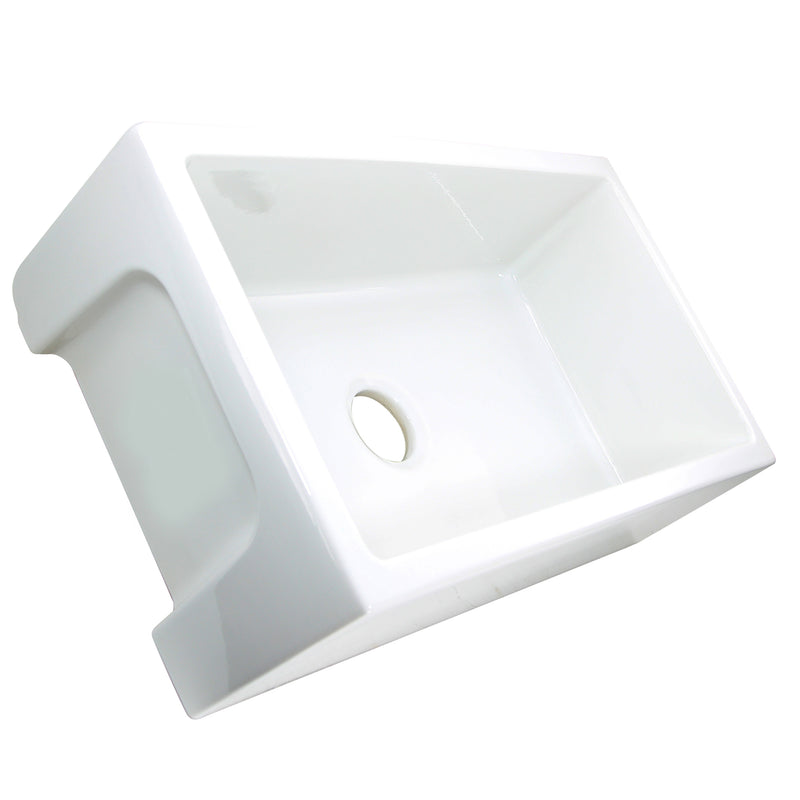 Nantucket Sinks ISFCW33x18SO farmhouse sink tilted to show the side cut-out and bowl with drain hole