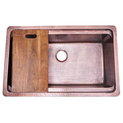 Nantucket Sinks KCH-PS-3220 overhead view with the acacia cutting board on the ledge